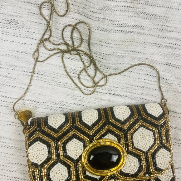 From St. Xavier Black White Gold Beaded Clutch Removable Chain Deco MCM NWOT - Picture 8 of 9